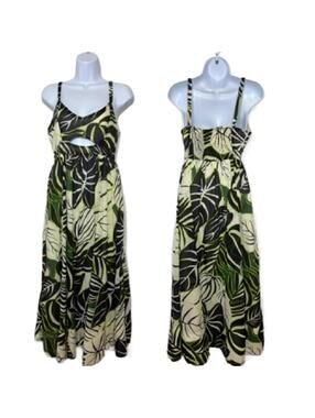 Joie Women's Sz 4 Tropical Green Palm Leaf Key Hole Detail Midi Dress(1993)